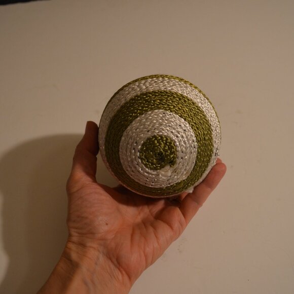 Holiday Ornament Handmade Green-white-Silver Yarn Cord Wrapped Around Ball 4'h - Picture 3 of 4
